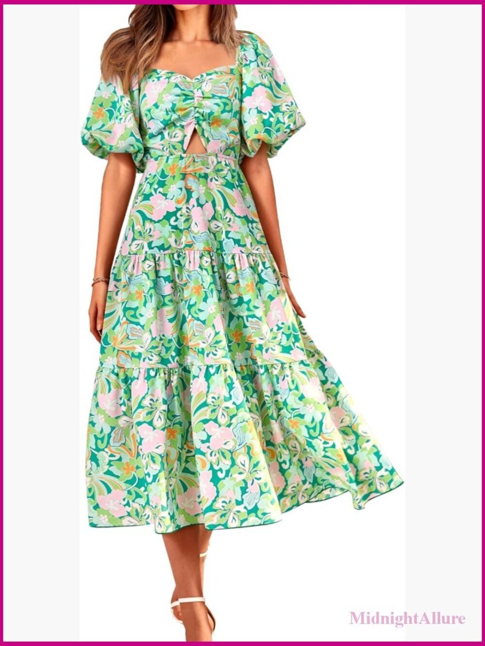 Women's Boho Floral Maxi Dress Square Neck Puff Sleeve Smocked Casual